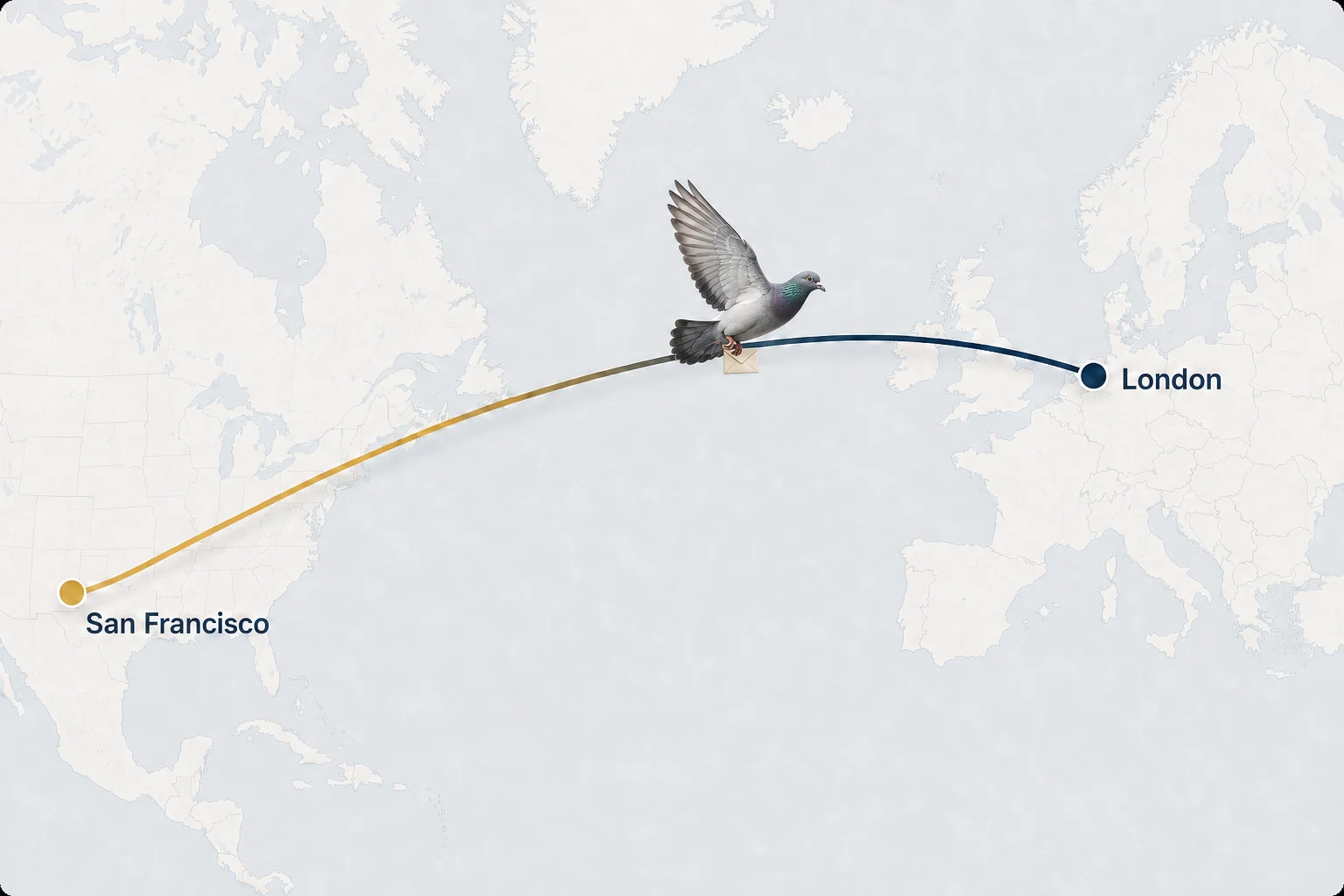 A carrier pigeon flying between two roosts across a world map